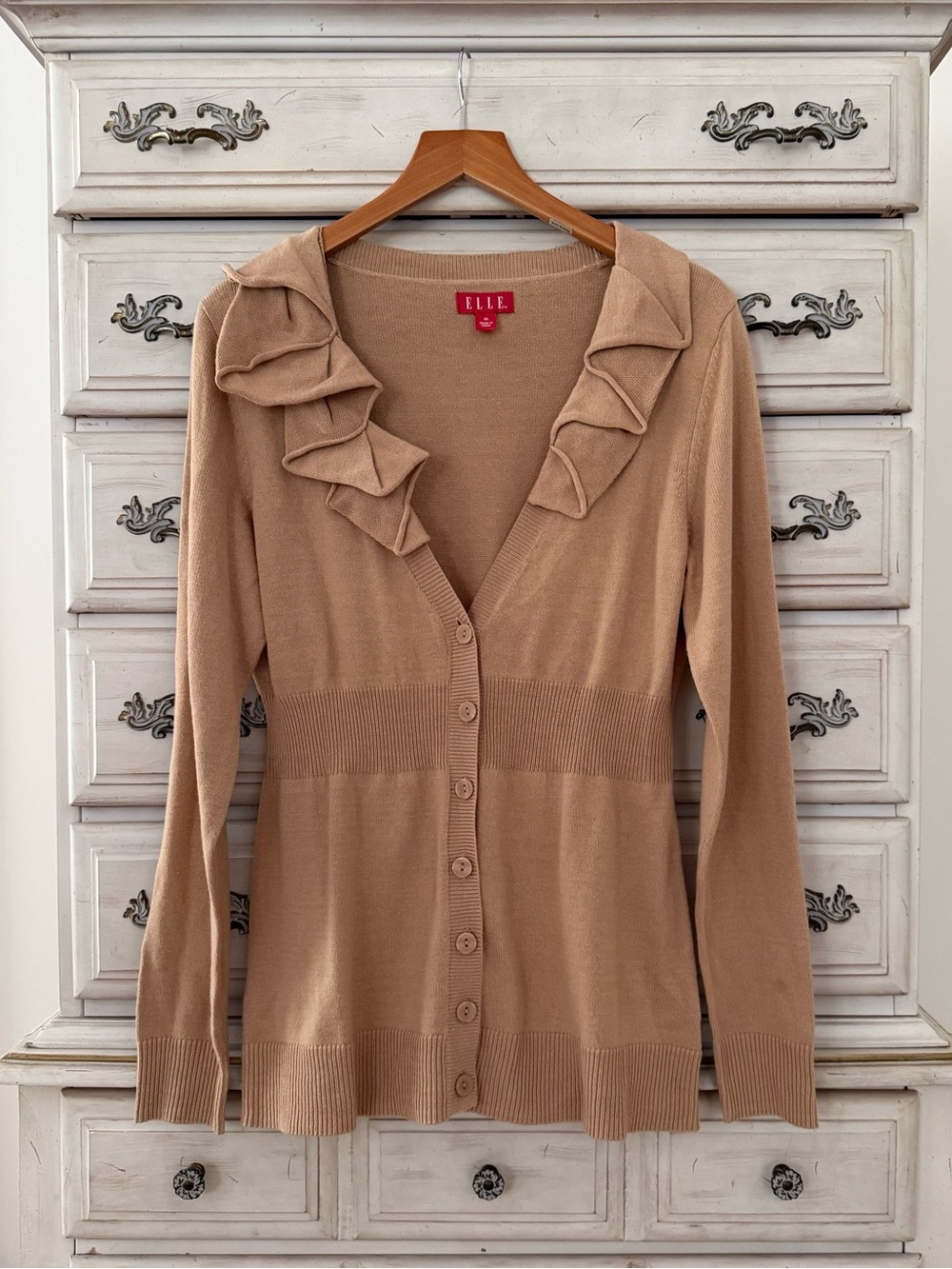 Beige Ruffle Cotton Button Cardigan